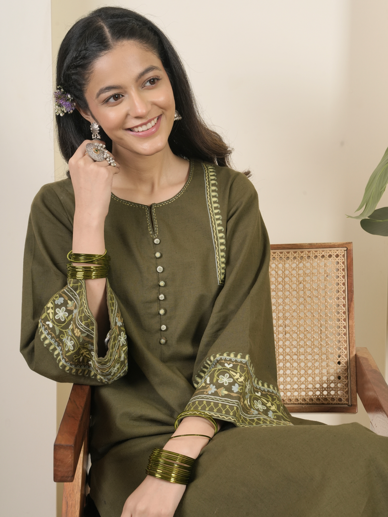 Army Green Cotton Flex Aari Embroidered Kurta Pant