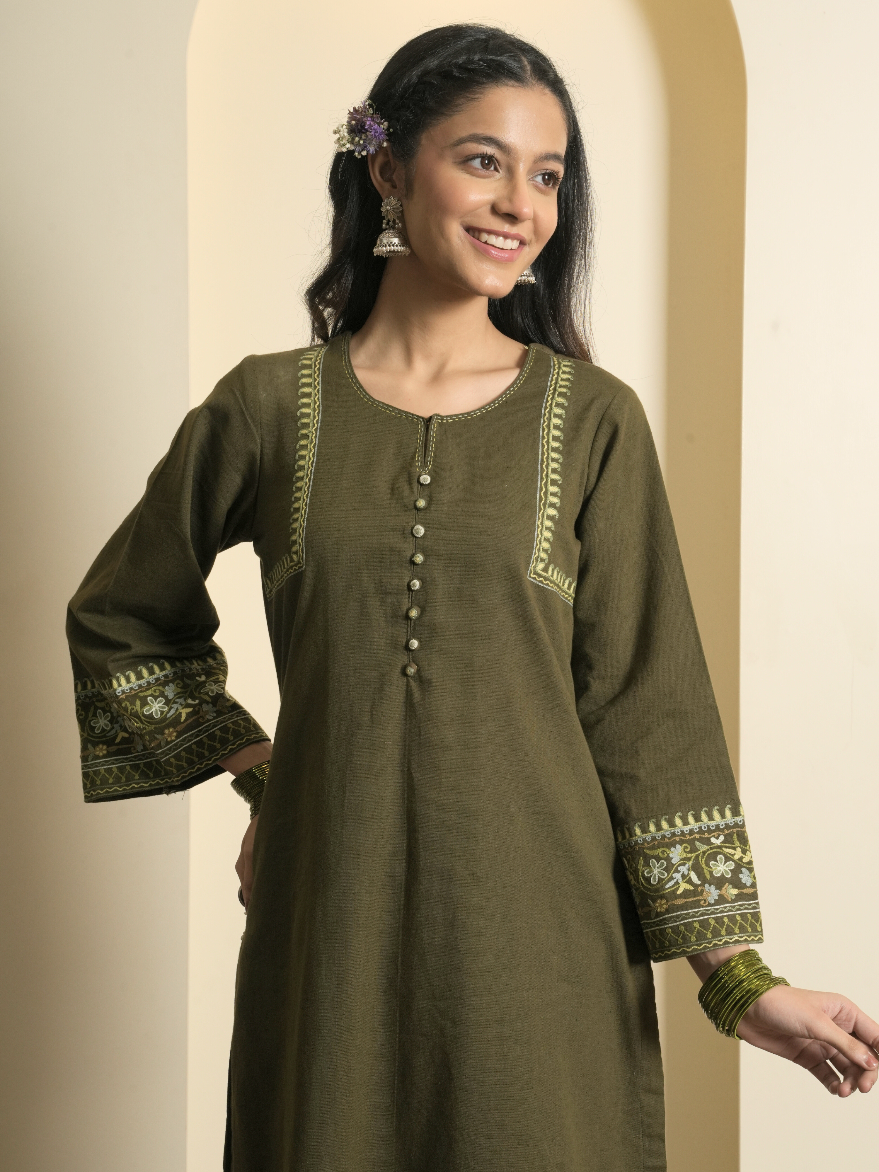 Army Green Cotton Flax Aari Embroidered Kurta Pant