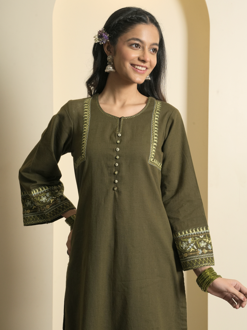 Army Green Cotton Flex Aari Embroidered Kurta Pant