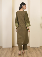 Army Green Cotton Flax Aari Embroidered Kurta Pant