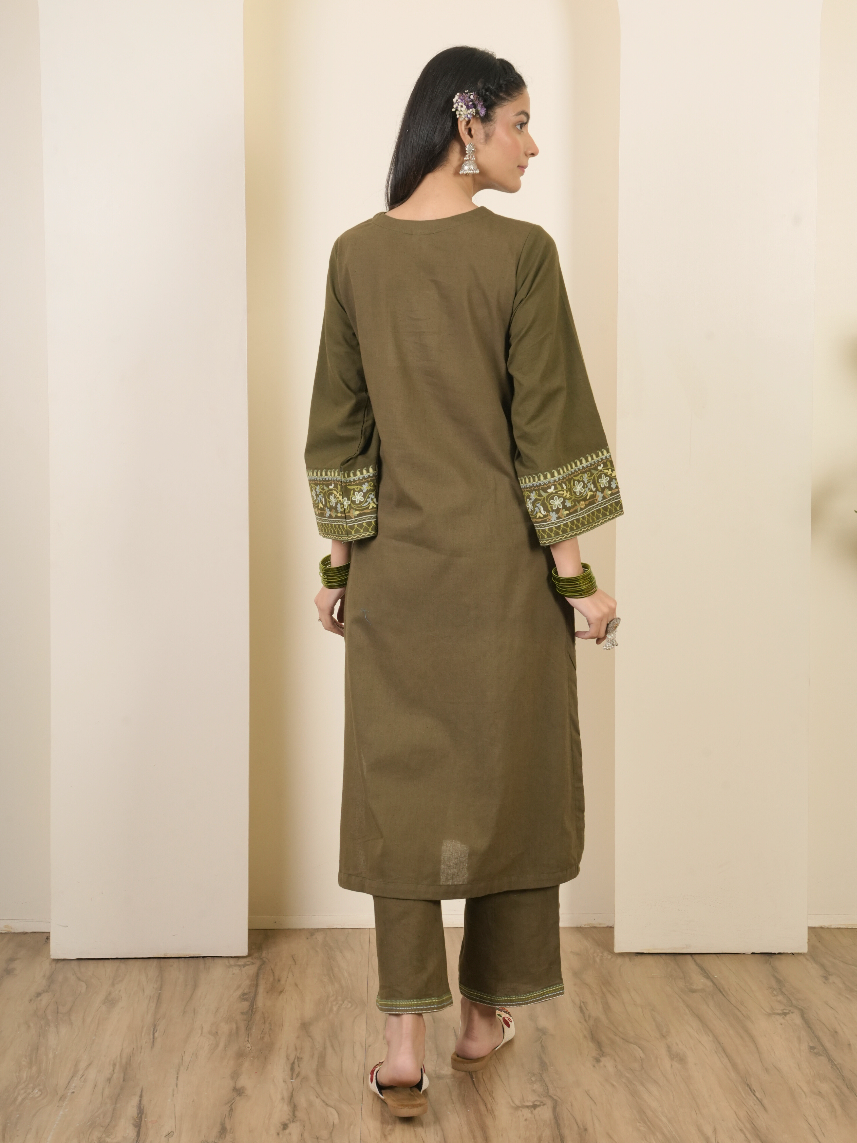 Army Green Cotton Flax Aari Embroidered Kurta Pant