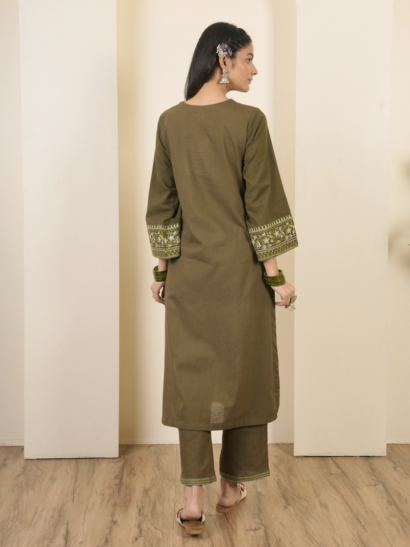 Army Green Cotton Flex Aari Embroidered Kurta Pant