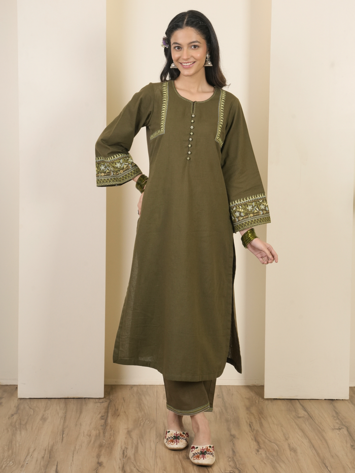 Army Green Cotton Flax Aari Embroidered Kurta Pant