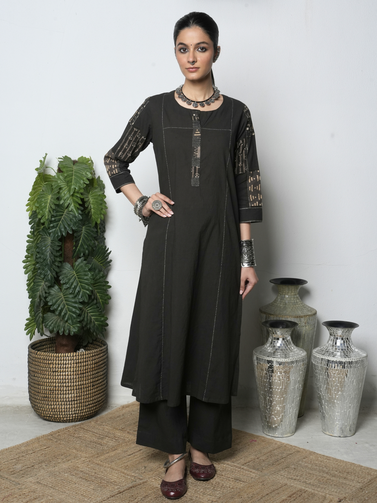 Dark Gray Cotton Natural Dyed Kurta Pant Set For Women's