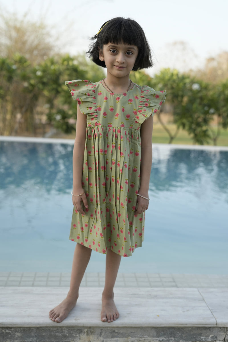 Green Cotton Printed Dress For Girls