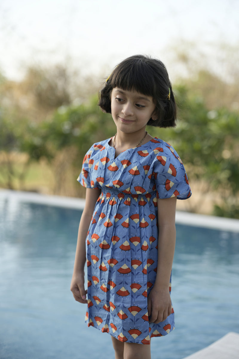 Blue Cotton Kaftan Dress For Girls