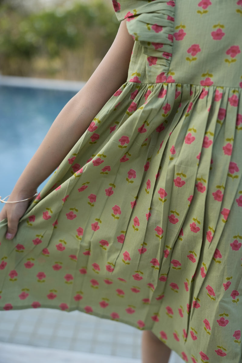 Green Cotton Printed Dress For Girls