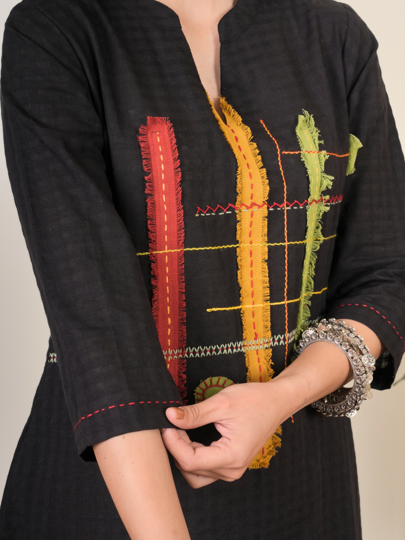 Black Cotton Collar With V-Neck Complete Suit Set For Women's