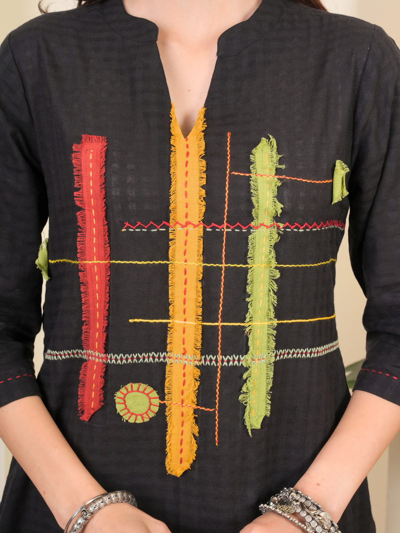 Black Cotton Collar With V-Neck Complete Suit Set For Women's