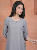 Gray Cotton Handloom Round Neck Kurta Pant Set For Women's