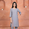Gray Cotton Handloom Round Neck Kurta Pant Set For Women's