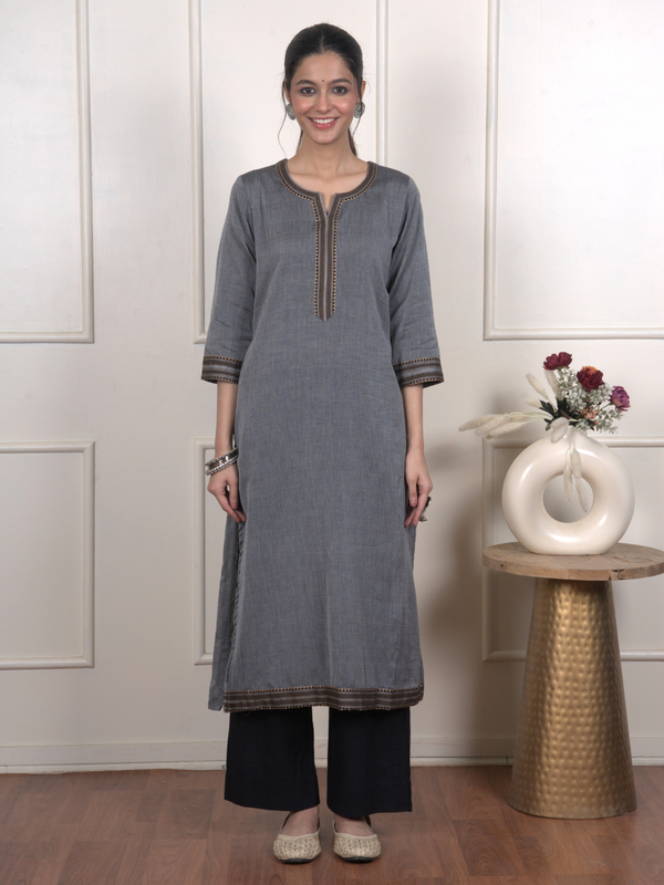 Grey South Handloom Round with Slit Neck Kurta for Women's