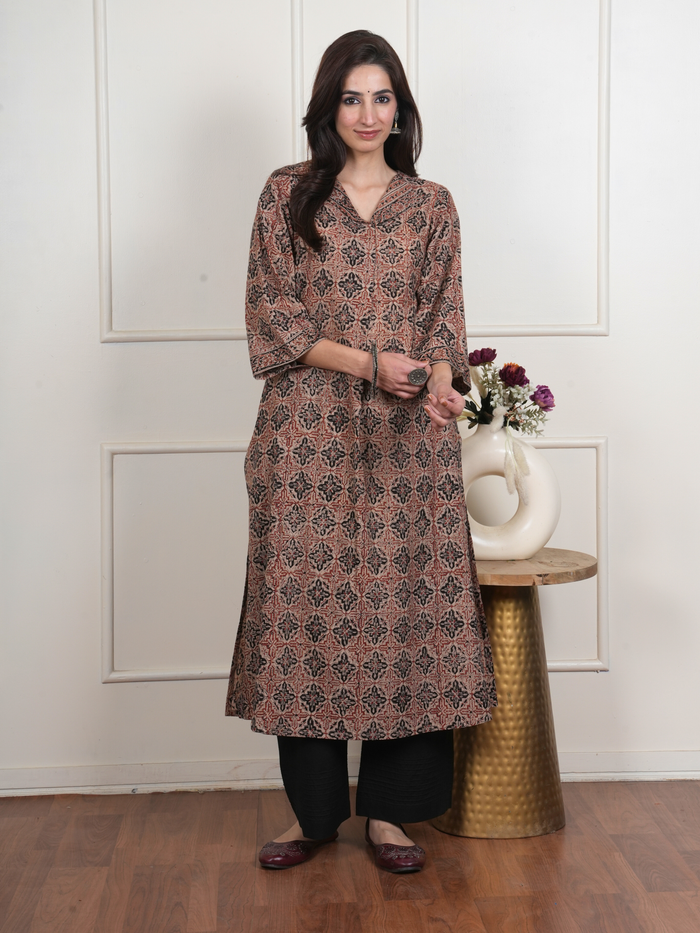 Brown Cotton Kalamkari Collar Neck Kurta For Women's