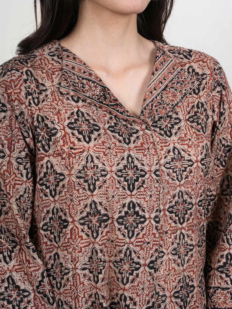 Brown Cotton Kalamkari Collar Neck Kurta For Women's