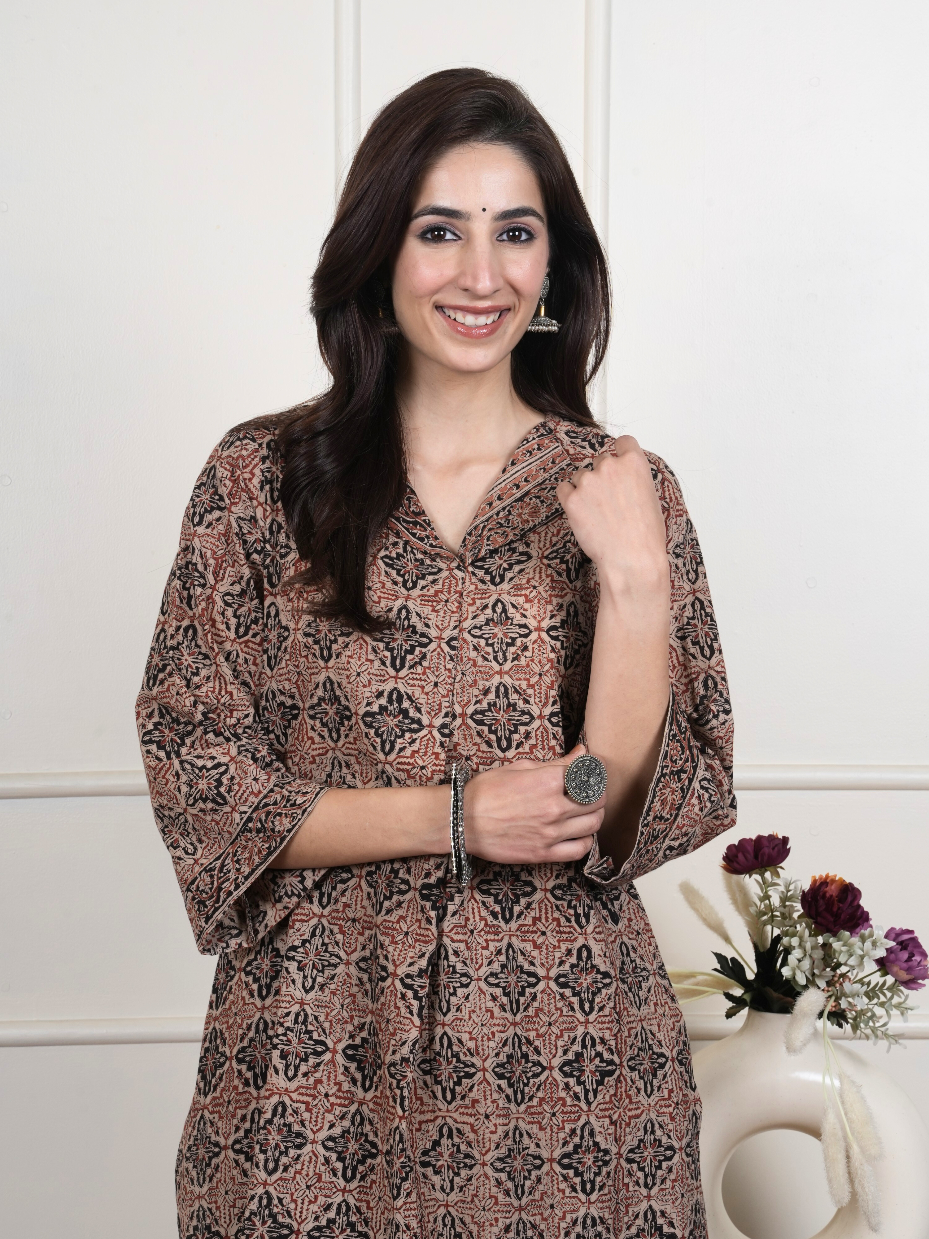 Brown Cotton Kalamkari Collar Neck Kurta For Women's