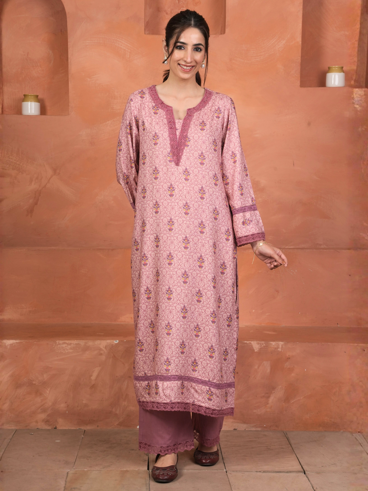 Dusty Rose Pink Viscose Twill Kurta Pant Set For Women's