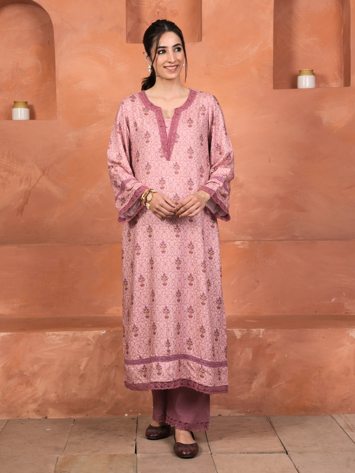 Dusty Rose Pink Viscose Twill Kurta Pant Set For Women's
