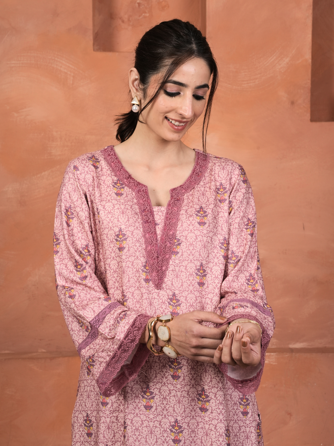 Dusty Rose Pink Viscose Twill Kurta Pant Set For Women's