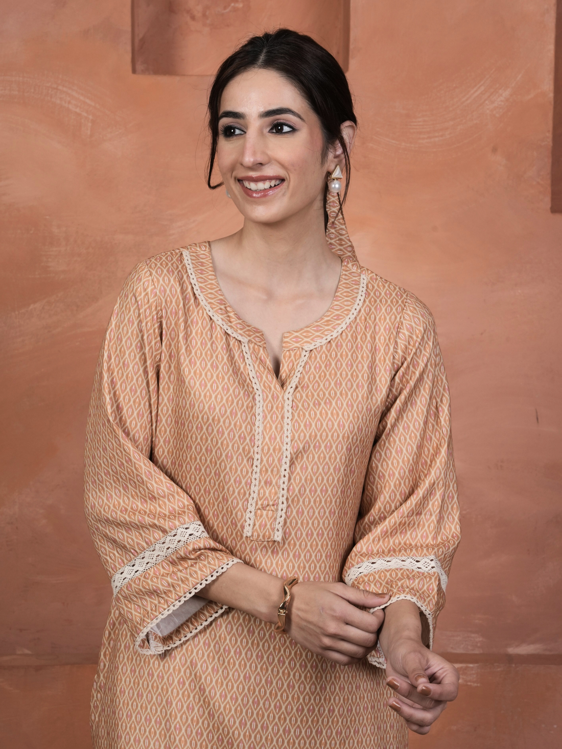 Peach Viscose Twill Round with Slit Kurta Salwar Set For Women's