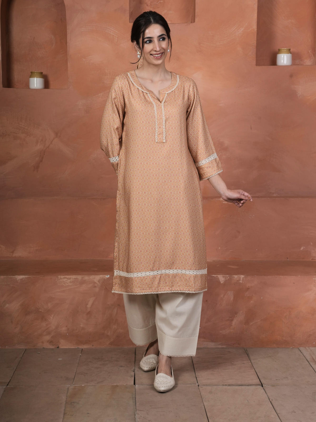 Peach Viscose Twill Round with Slit Kurta Salwar Set For Women's