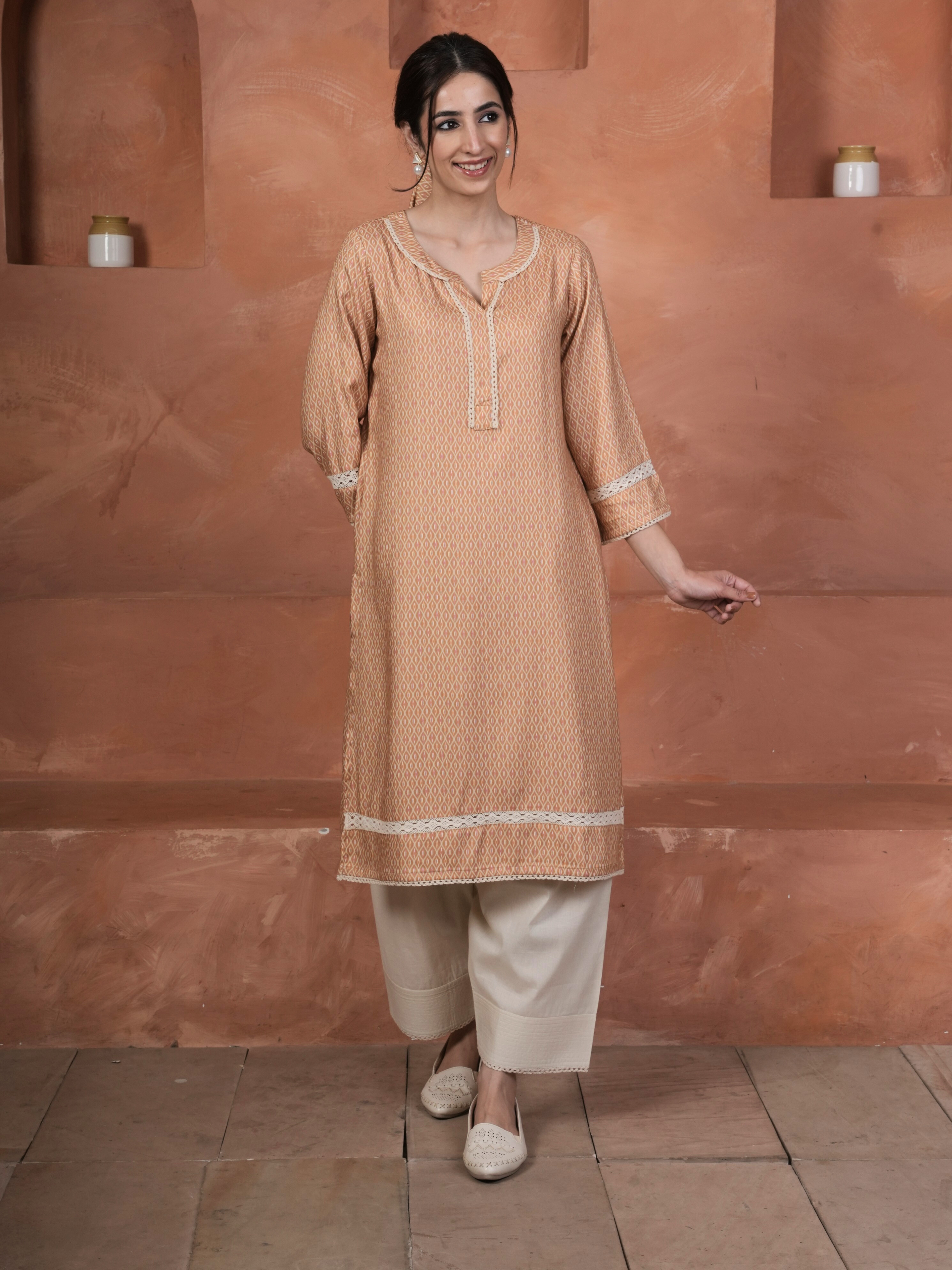 Peach Viscose Twill Round with Slit Kurta Salwar Set For Women's