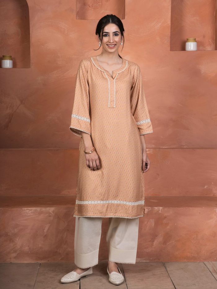 Peach Viscose Twill Round with Slit Kurta Salwar Set For Women's