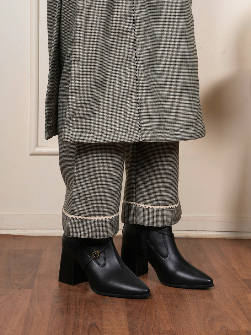 Beige Gray Check Woolen Round Neck Kurta Pant Set For Women's