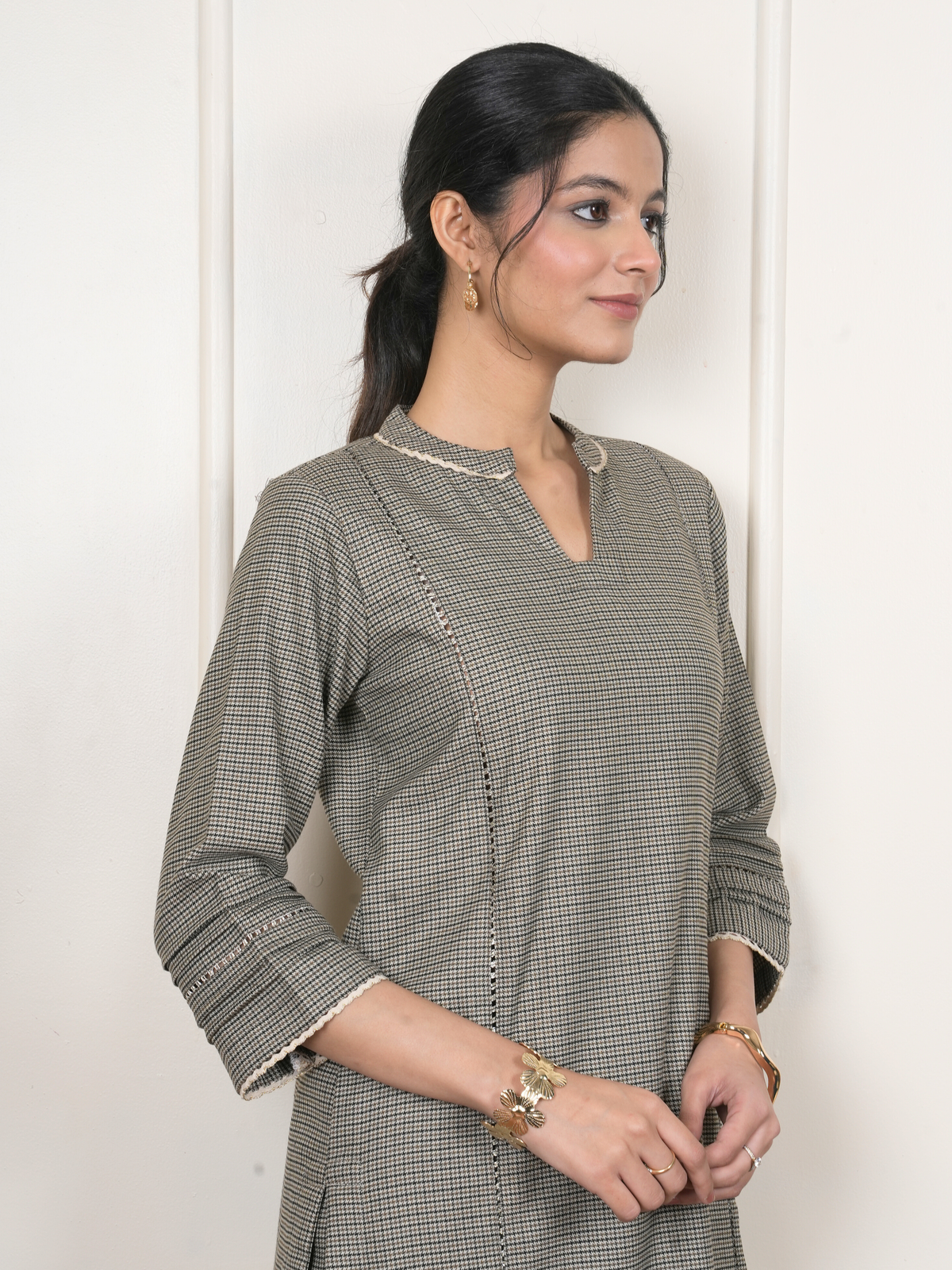 Beige Gray Check Woolen Round Neck Kurta Pant Set For Women's
