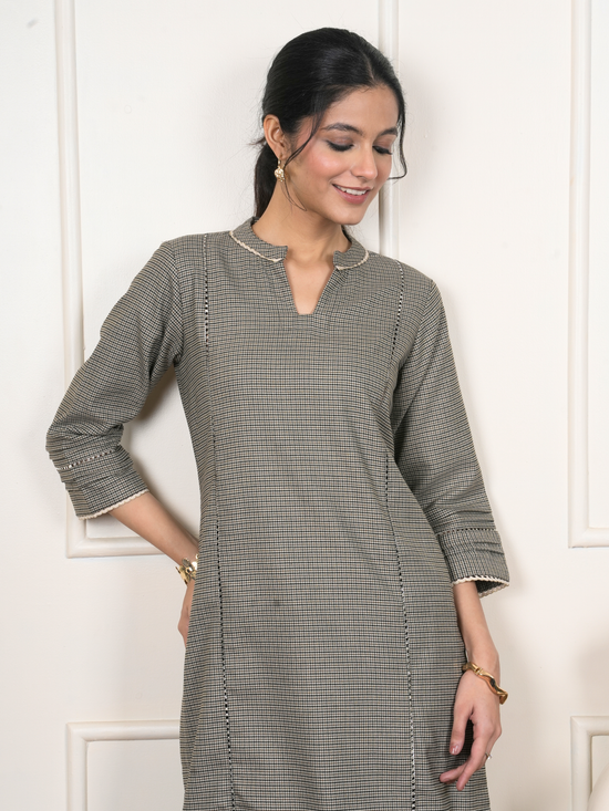 Beige Gray Check Woolen Round Neck Kurta Pant Set For Women's