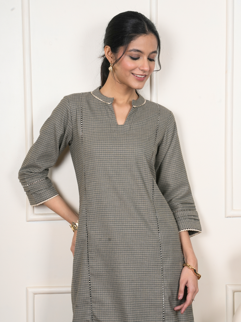 Beige Gray Check Woolen Round Neck Kurta Pant Set For Women's