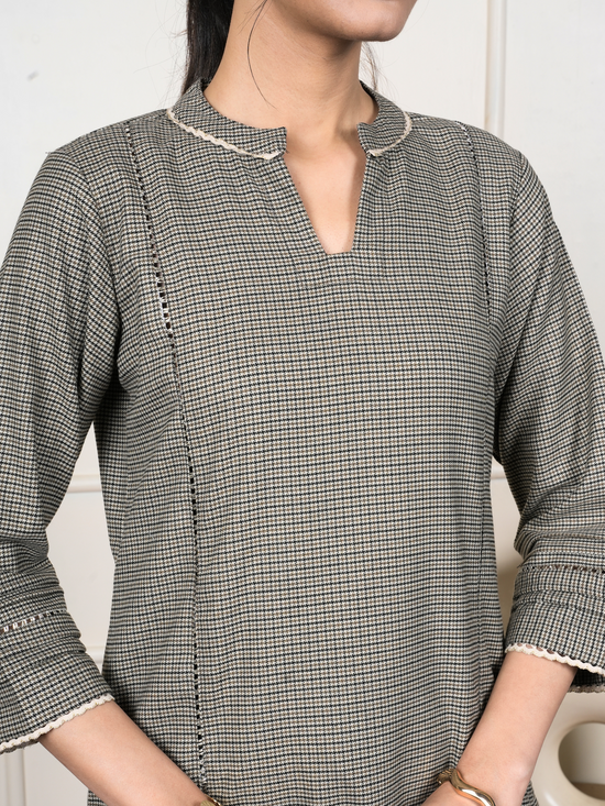 Beige Gray Check Woolen Round Neck Kurta Pant Set For Women's