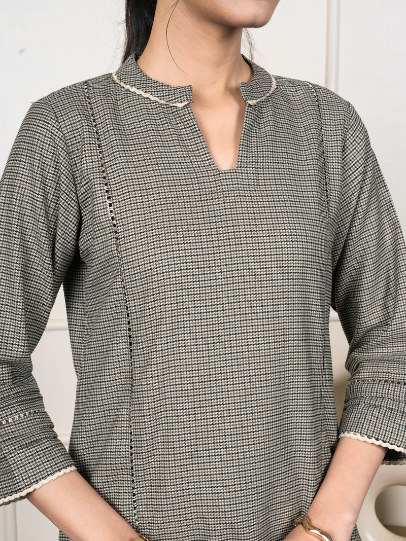 Beige Gray Check Woolen Round Neck Kurta Pant Set For Women's