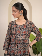 Black Cotton Kalamkari Round Neck Kurta For Women's