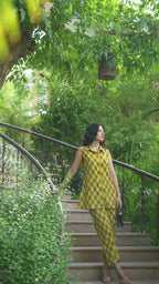 Mustard Cotton Collar Neck Handblock Co-Ord Set For Women's
