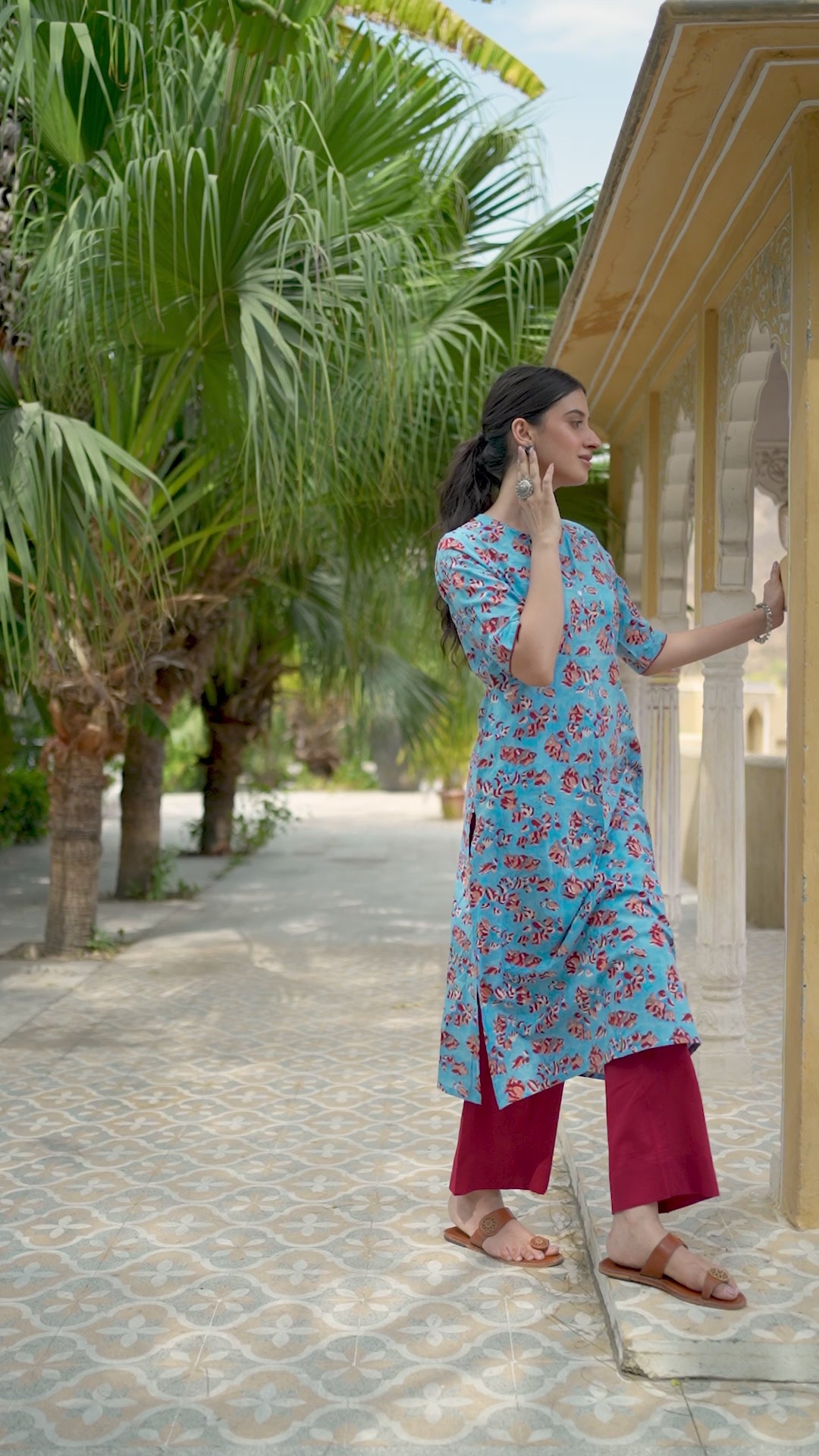 SkyBlue Cotton Handblock Floral Printed  Kurta For Women's