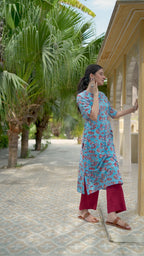 SkyBlue Cotton Handblock Floral Printed  Kurta For Women's