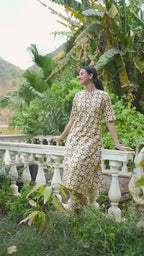 BEIGE WITH MULTICOLOUR COTTON SITTING COLLAR WITH V ALINE KURTA WITH PANT