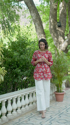 Red Floral Cotton Round Neck Handblock Short Top For Women's