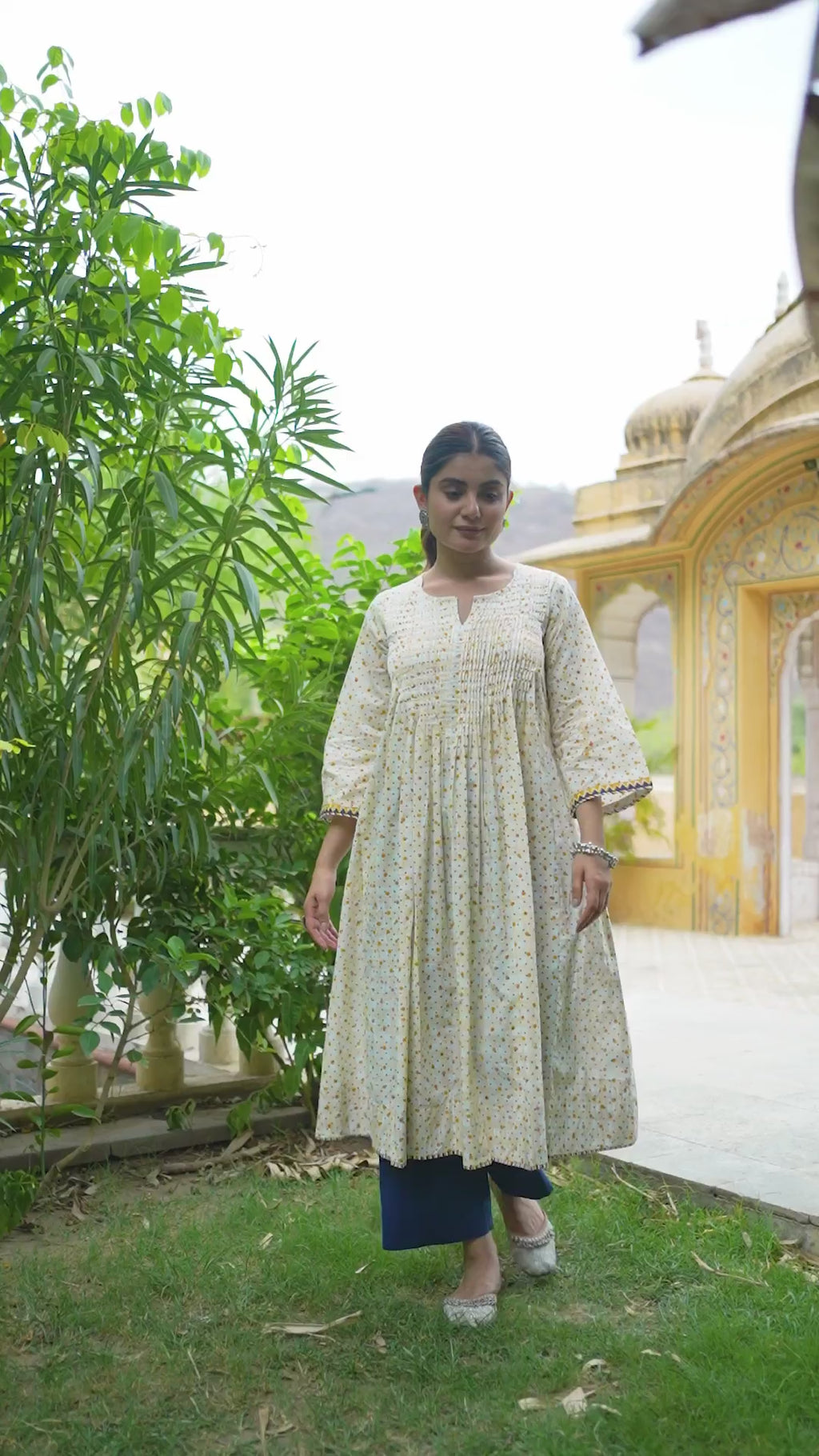Cream Cotton Handblock Aline Kurta For Women's