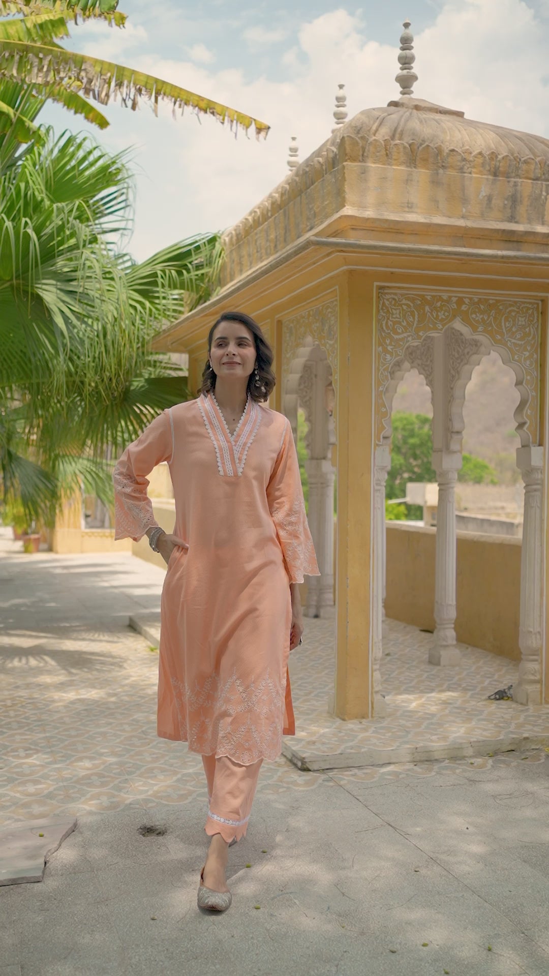 Atisha Peach round with v neck Kurta and Palazzo Set