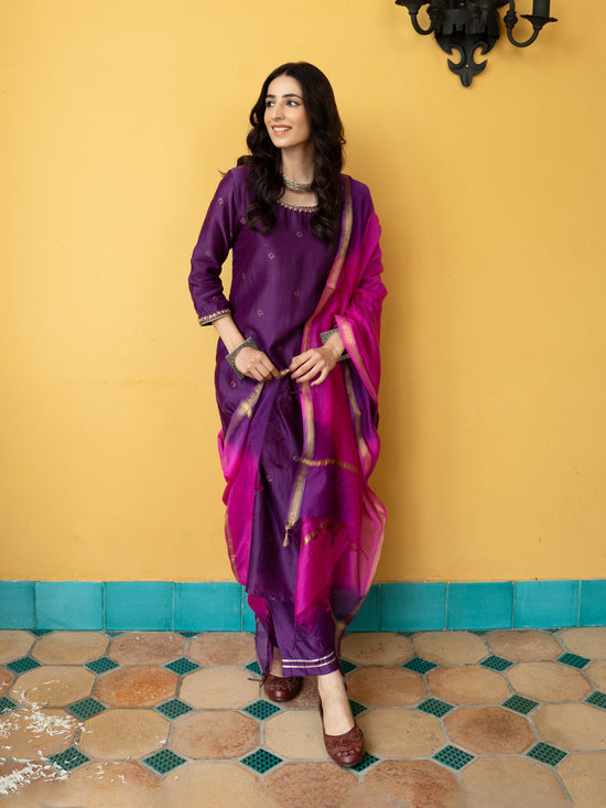 Brinjal Chanderi Complete Suit Set For Women's