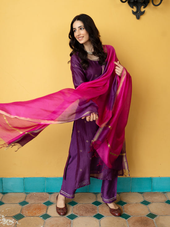 Brinjal Chanderi Complete Suit Set For Women's