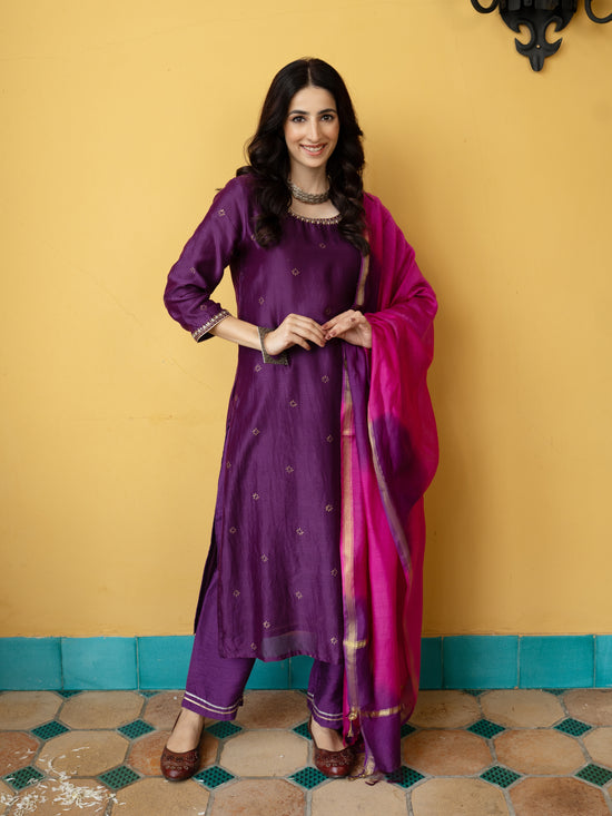 Brinjal Chanderi Complete Suit Set For Women's