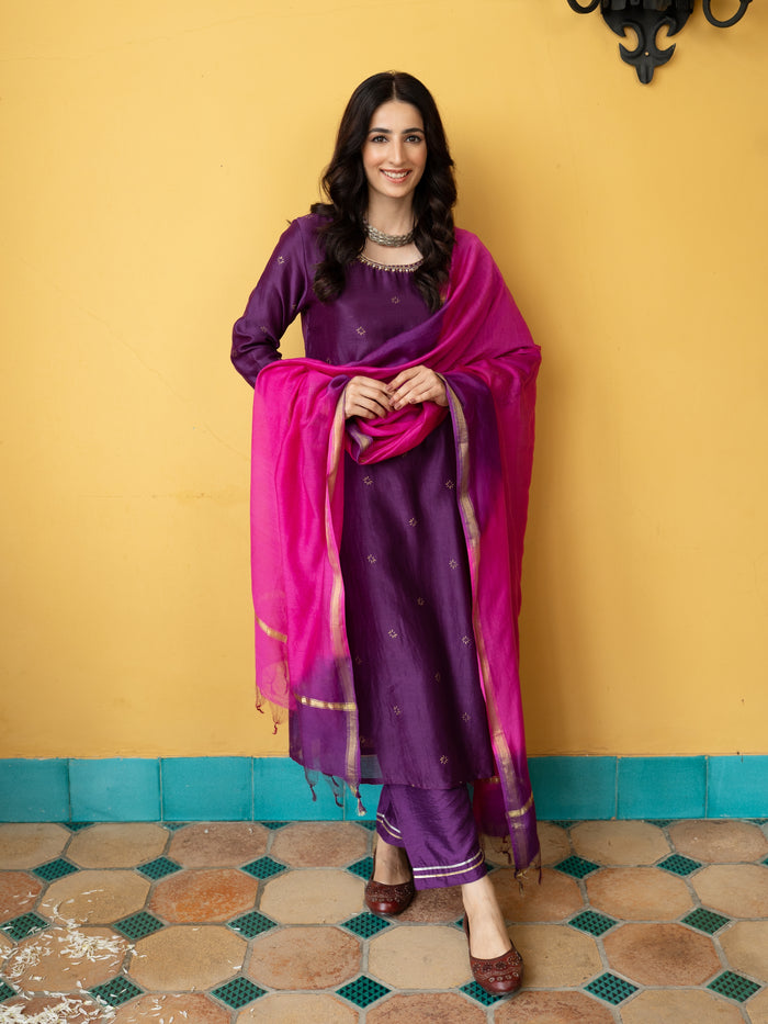 Brinjal Chanderi Complete Suit Set For Women's