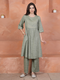 Sage Green Cotton Handloom Round Neck Kurta Pant Set