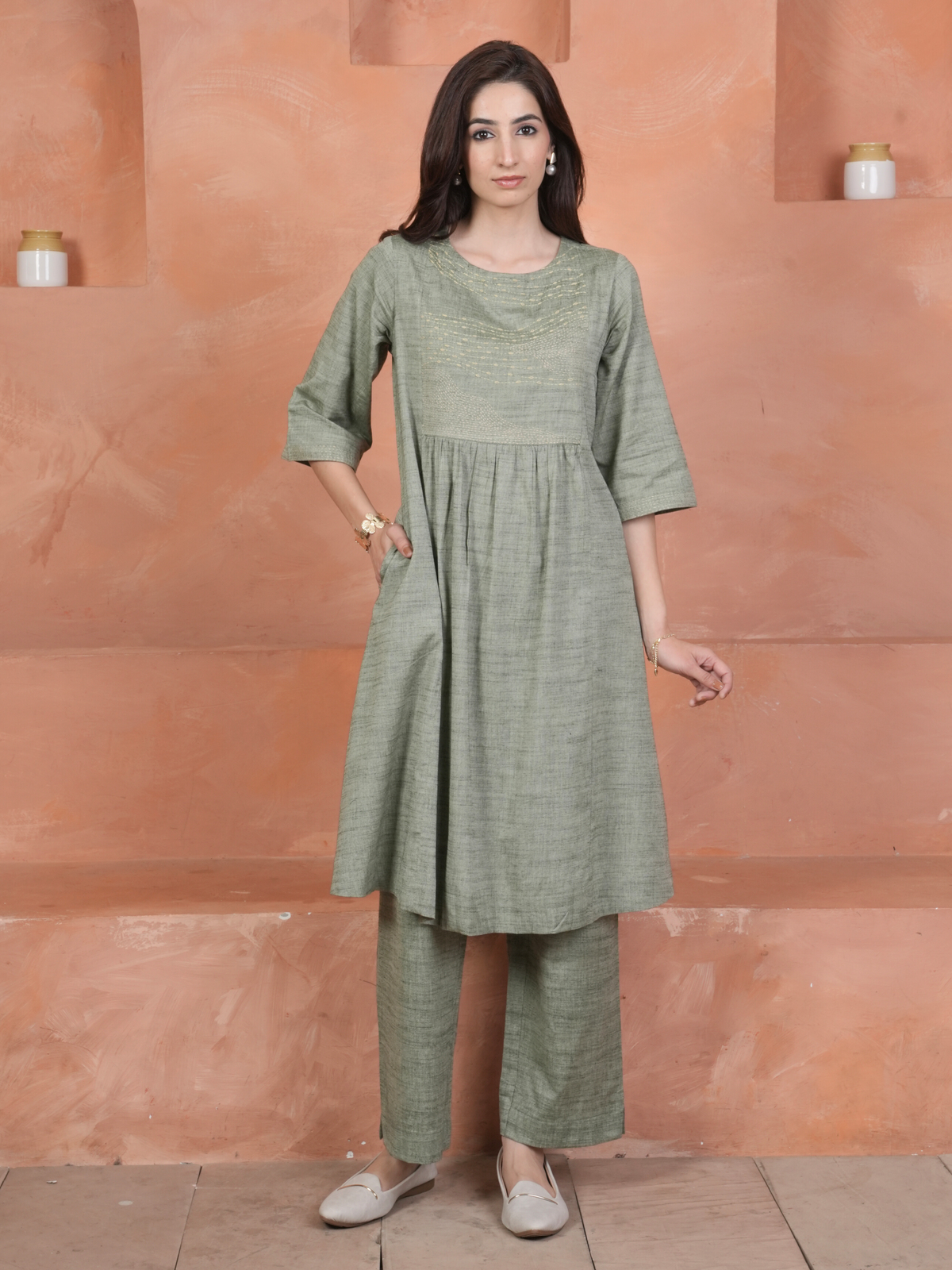 Sage Green Cotton Handloom Round Neck Kurta Pant Set