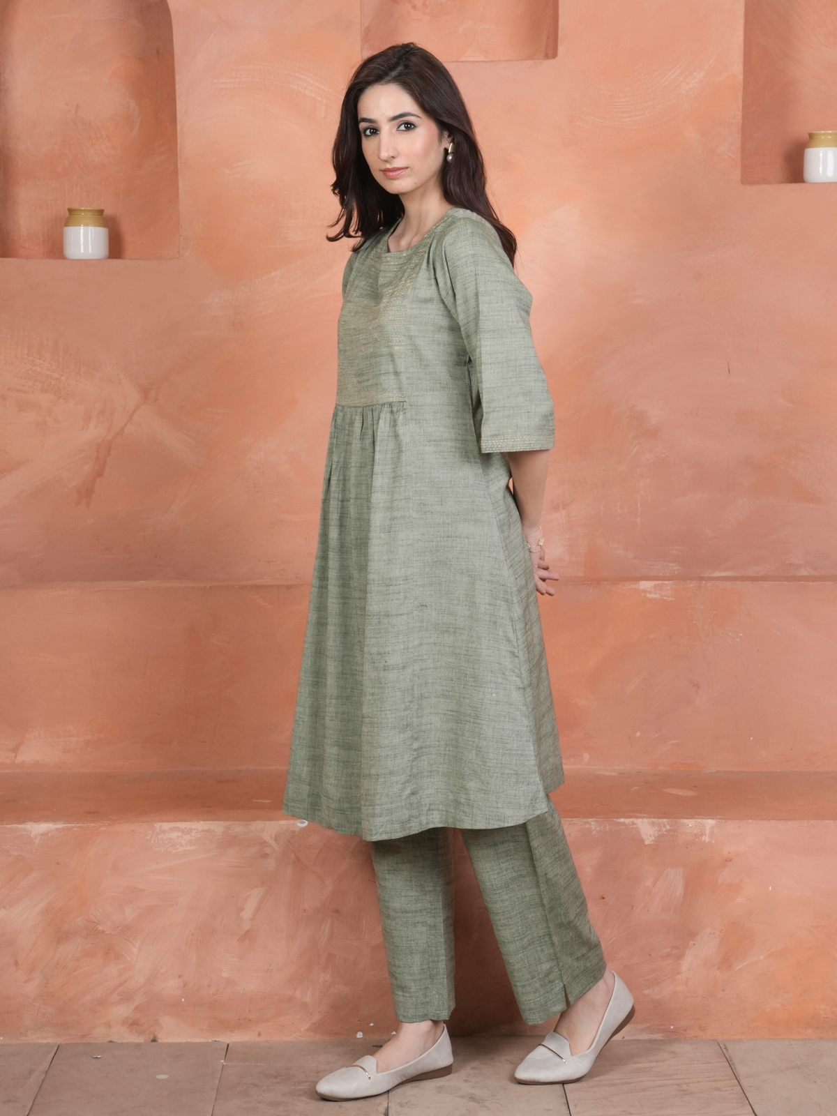 Sage Green Cotton Handloom Round Neck Kurta Pant Set