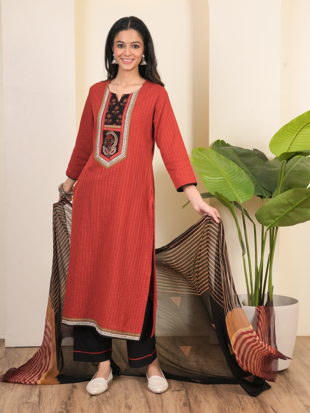 Rust Cotton Dobby Round Neck Complete Suit Set For Women's