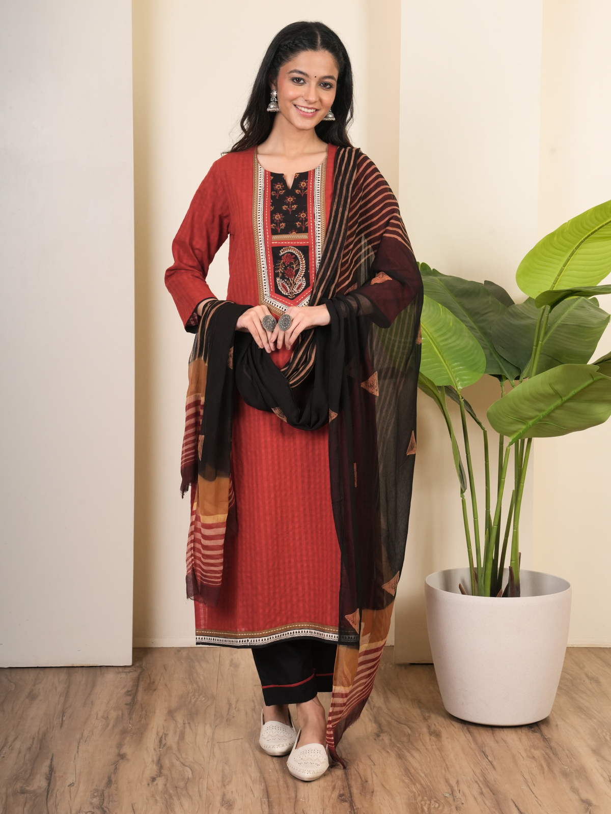 Rust Cotton Dobby Round Neck Complete Suit Set For Women's