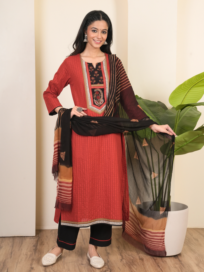 Rust Cotton Dobby Round Neck Complete Suit Set For Women's